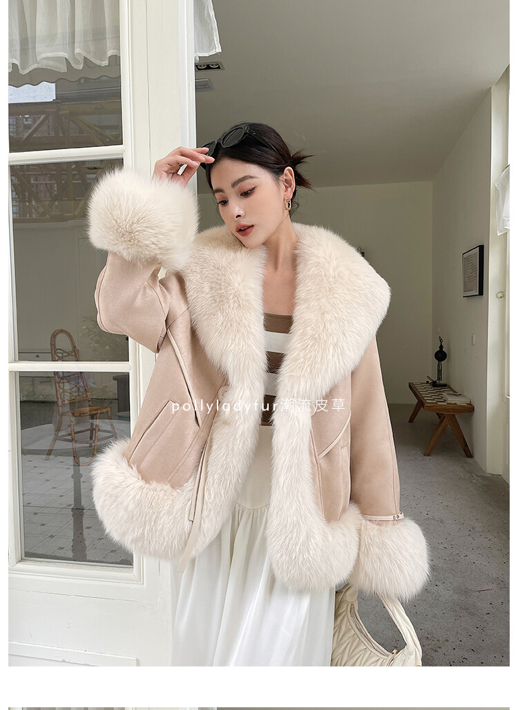 2024 Winter New Genuine Fox Fur Collar Fur Coat Womens Long Suede