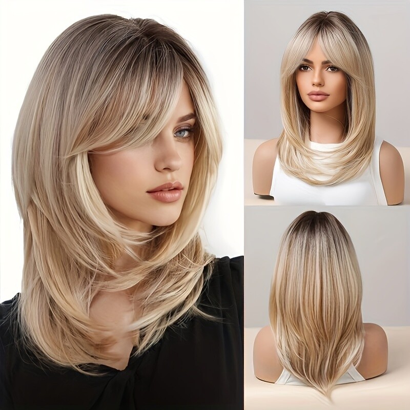 Peluca rubia ombre con flequillo pelo sintético rizado en capas para mujeres pelucas