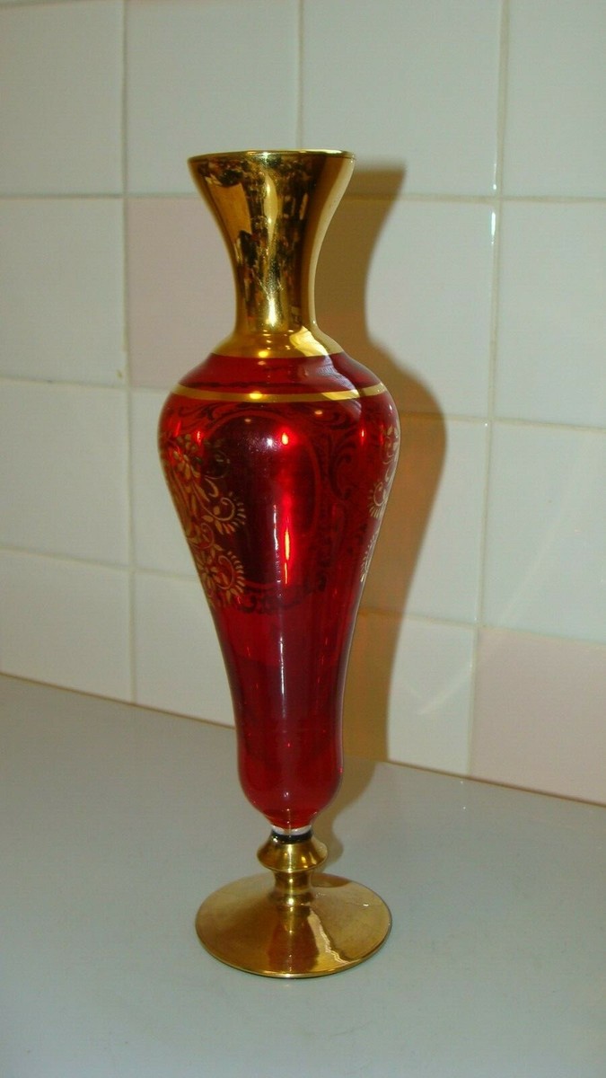 Vintage Czech Ruby Red Vase with Gold Trim & Hand Painted Flowers