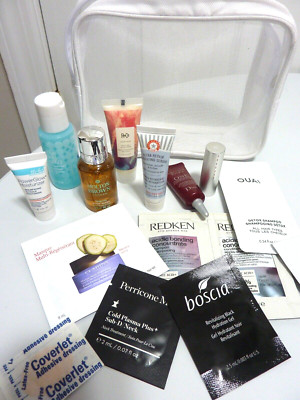 HIGH END SAMPLES Skincare, Hair~Lot of 15 ~BlueMercury, Dior, Bliss, R+Co W/BAG