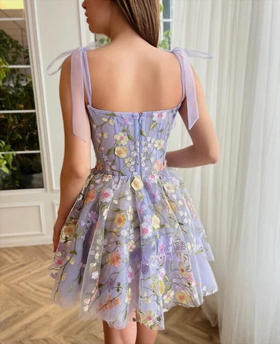 new Lavender Floral Lace Mini Prom Dresses Flower A-Line Party Evening Dress - Picture 5 of 11