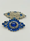 Vintage Blue Rhinestone Brooch Lot Silver Tone Mid Century Costume Jewelry