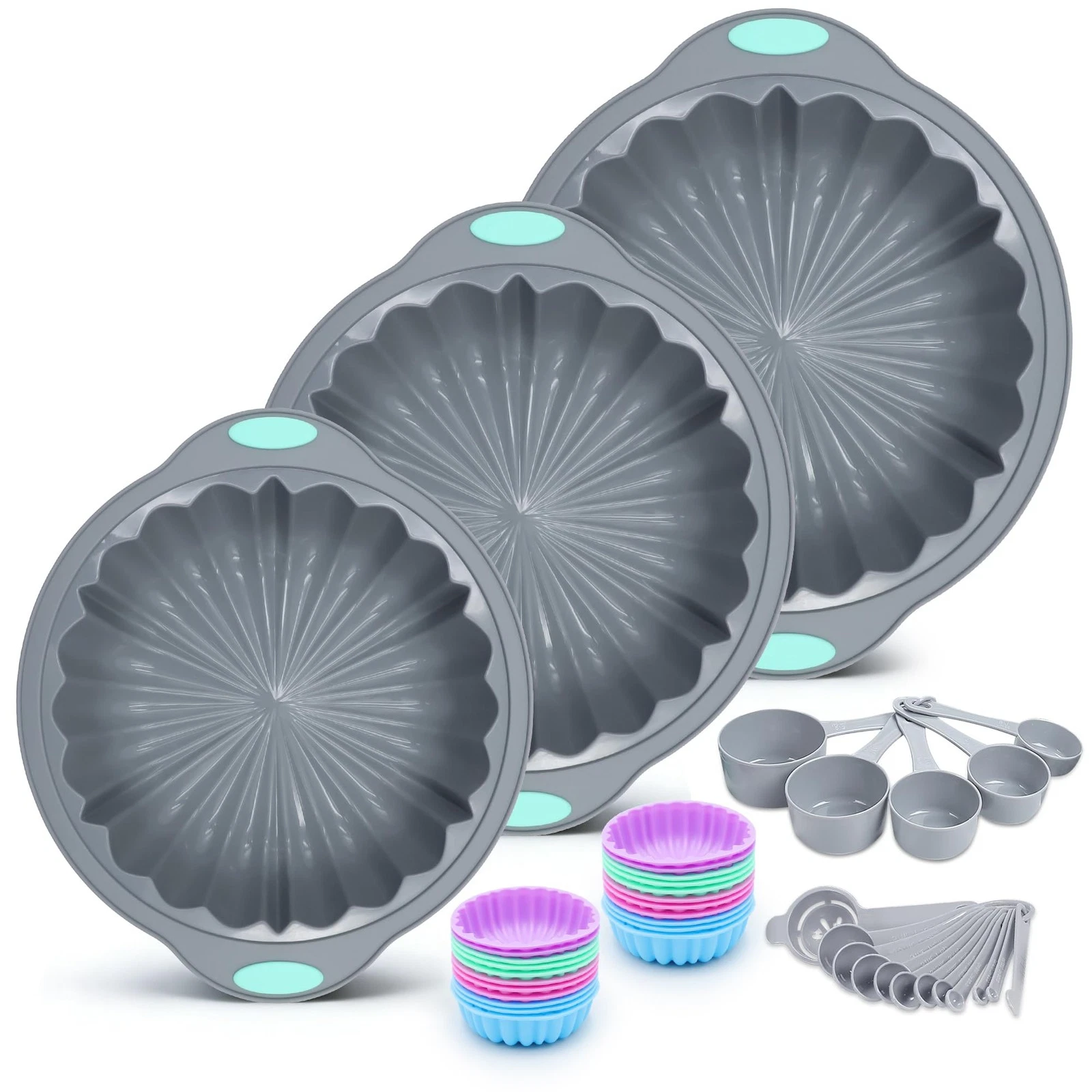 44 Pieces Silicone Round Cake Pans Set, 3 Sizes Silicone Fluted Cake Pan Set ...