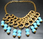 MIRIAM HASKELL Unsigned Blue Floral Dangling Bead Brass Rings Vintage Necklace