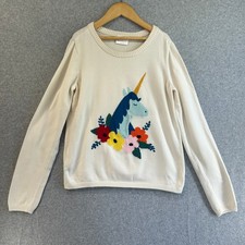 Hanna Andersson Sweater Ivory Unicorn Colorful Floral Knit Girls Size 12 / 150cm
