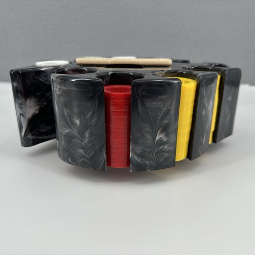 Spade Shaped Poker Chip Caddy Card Holder Black Marble Bakelite Spinning Handle - Picture 5 of 17