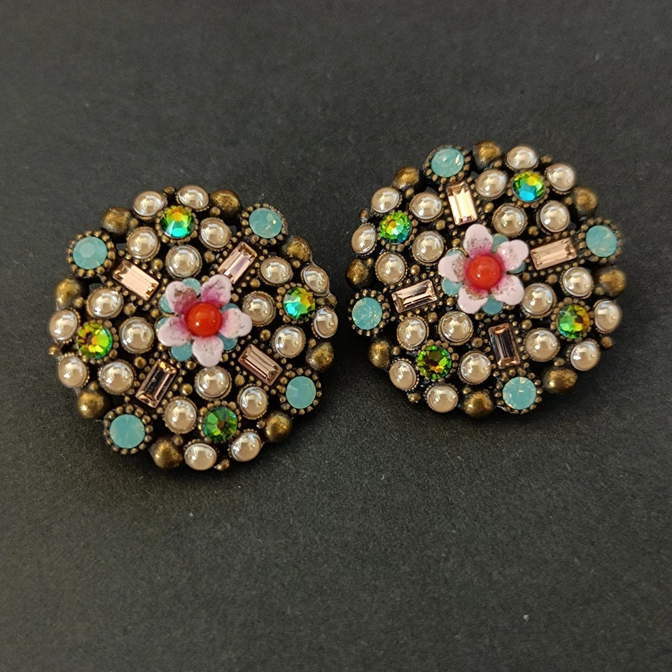 Romantic Michal Negrin Clip Earrings Vintage Floral Button Sparkly Boho Bohemian - Image 2 of 4