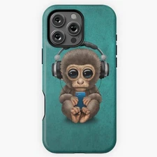 Cute Baby Monkey With Cell Phone Wearing Headphones Blue iPhone 11-16 Pro Max To