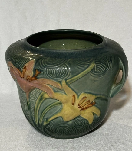 Roseville Zephyr Lily Green 1946 Vintage Art Pottery Handled Ceramic Bowl 471-6