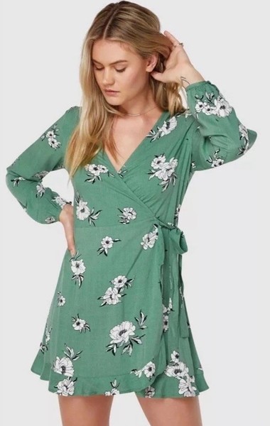 Elwood Green Floral Mini Wrap Dress Long Sleeve Size 10 Cottagecore Prairie Boho