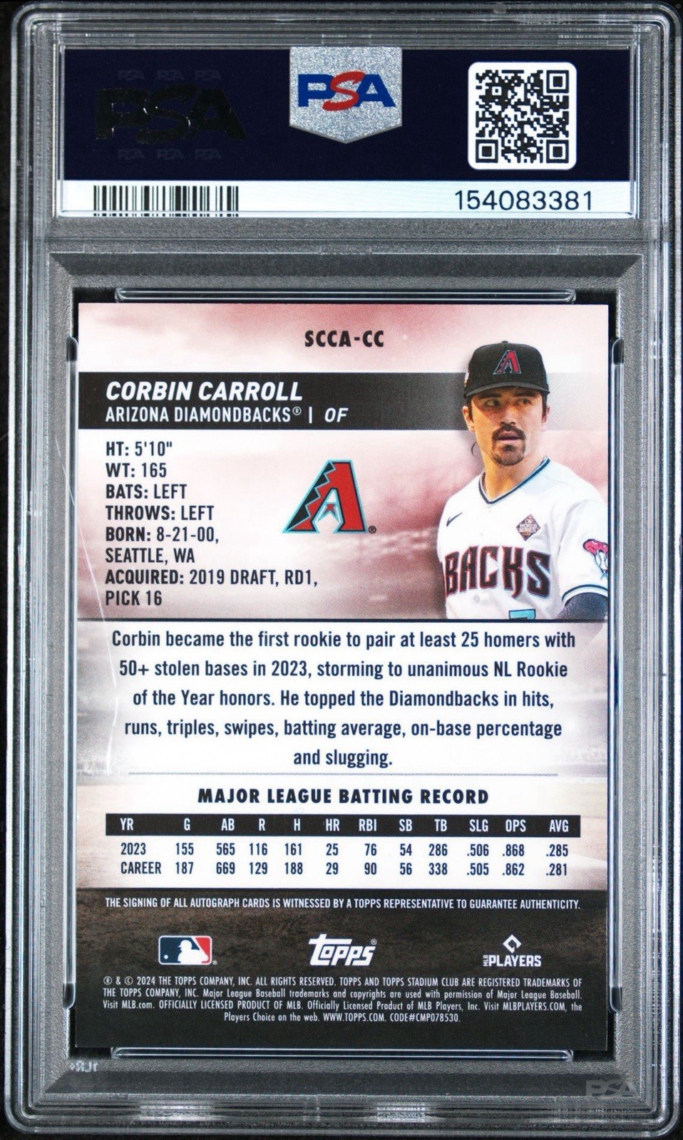 2024 Topps Stadium Club PSA 10 POP 2 Corbin Carroll Auto Dbacks Orange /25 view 2