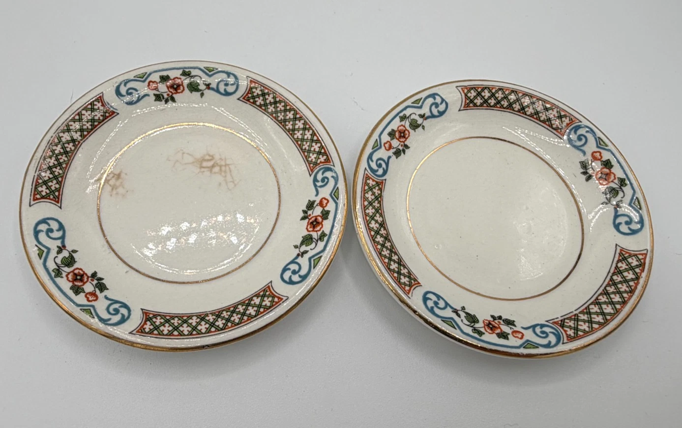 Pair VTG Butter Pats approx. 3" Blue Scroll Red Floral Green Lattice