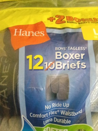 Hanes Boys Boxer Briefs 12-Pack Ultra Durable Comfort Flex Tagless L 12-14 New - Picture 6 of 6