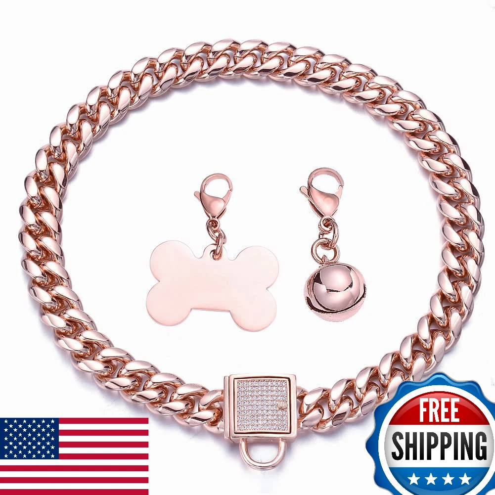 RUMYPET Rose Gold Cuban Link Dog Collar 10/14MM Chew Proof Chain for Small/Large