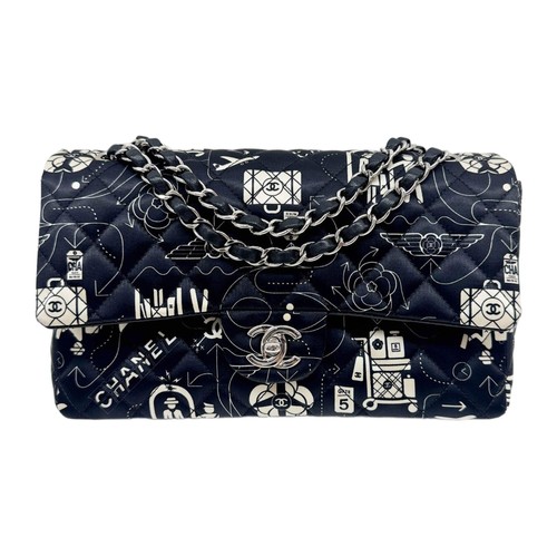 CHANEL Double Flap 2016-1017 Airline Black Quilted Satin Shoulder Bag