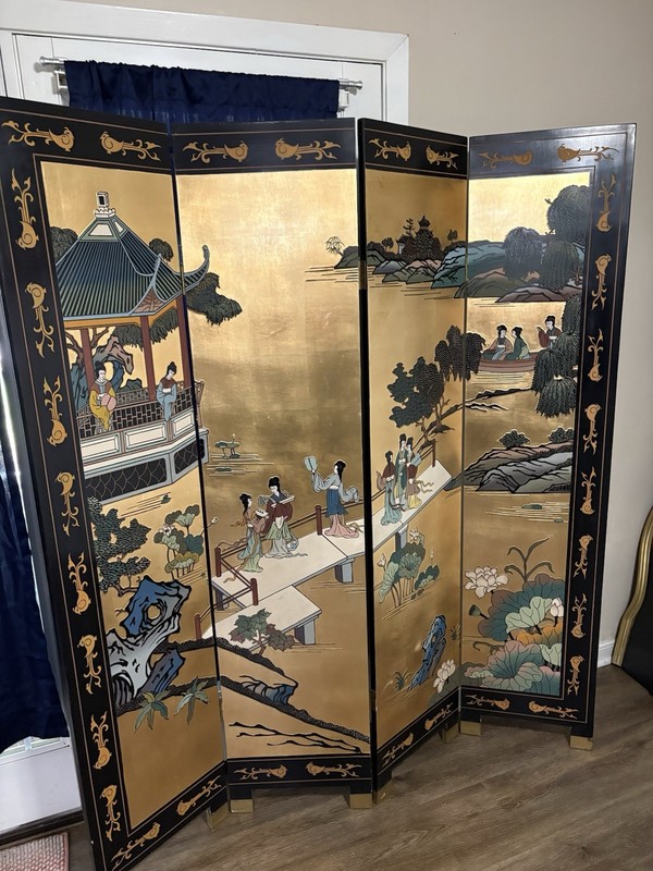 Asian Vintage Foldable 4-Panel Gold Black Wood Room Divider Screen