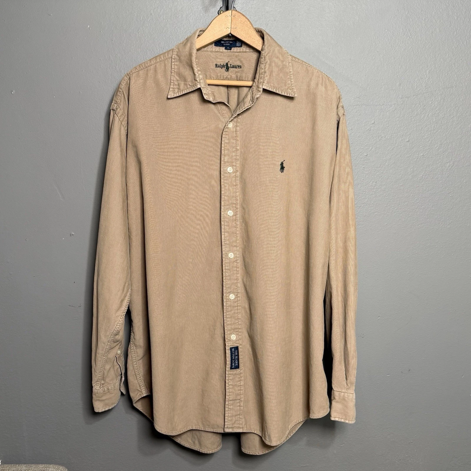 Vtg 90s Y2K Polo Ralph Lauren Blake Corduroy Shirt Sz L Tan Pony Button Up Gorp