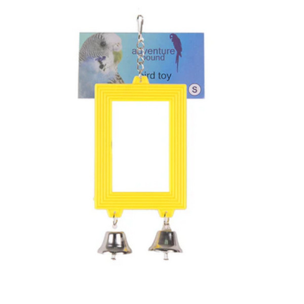 ADVENTURE BOUND SMALL BIRD BUDGIE PARAKEET HANGING TALL MIRROR & BELL TOY 12CM