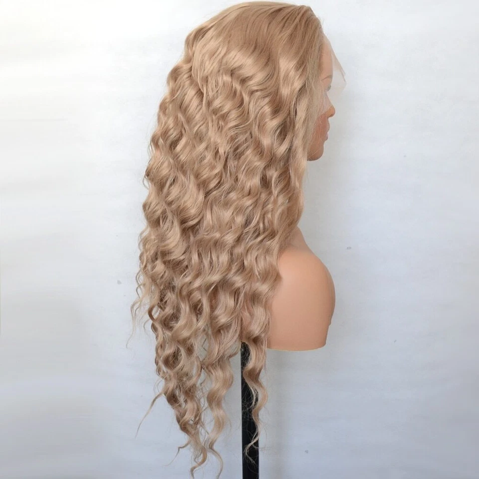 Pelucas rizadas rubias de encaje sintético parte lateral fibra natural resistente al calor para mujer Foto 3 de 4
