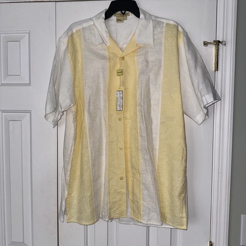 TULLIANO L Bohemian Art Deco Button-Up Shirt Havana Style Vacation 100% Linen - Picture 1 of 8