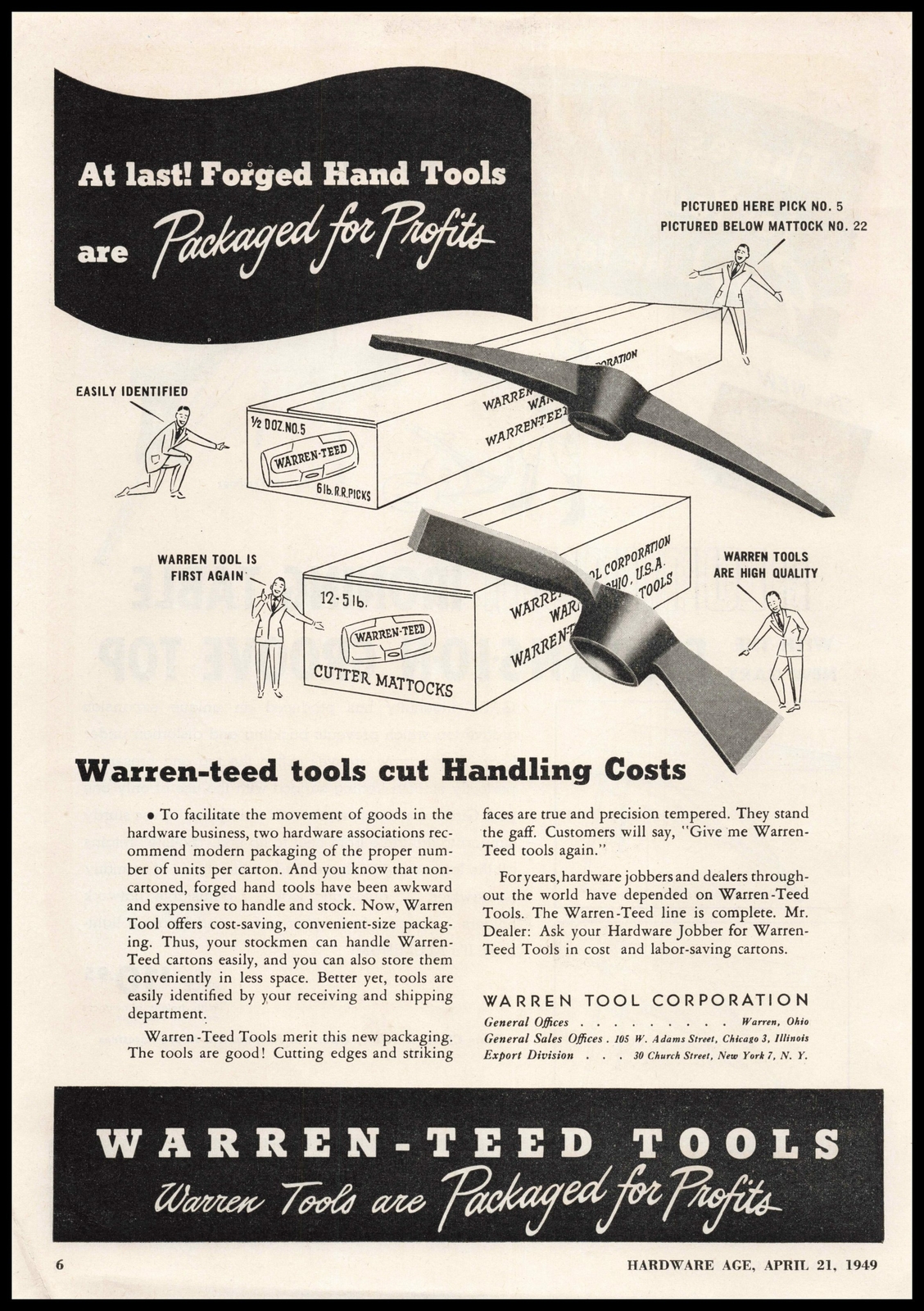 1949 Warren Tool Corp. Picks Cutter Mattocks "Warren-Teed" Vintage Ohio Print Ad
