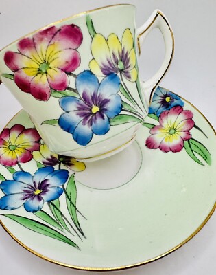 Foley Pastel Green Floral Pink Primrose Cup & Saucer Set; Vintage England Teacup
