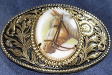 Vintage Western Belt Buckle Ornate Black Gold-Tone Horsehead Porcelain Center