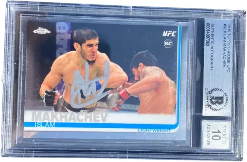 ISLAM MAKHACHEV SIGNED 2019 TOPPS CHROME UFC RC CARD #92 BECKETT BAS AUTO 10 3