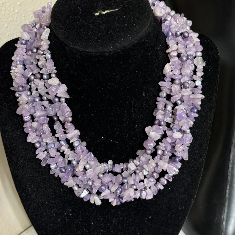 Multi (7) Strand Polished Amethyst Chip & Faux Pearl Necklace Sterling Clasp