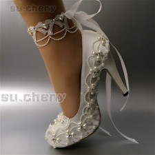 su.cheny Close toe heels white ivory satin lace anklet bow Wedding Bridal shoes