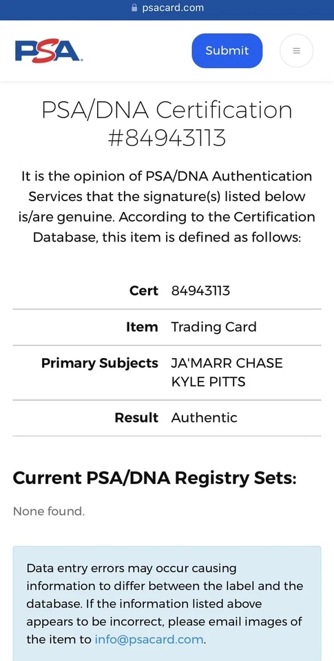 JAMARR CHASE/ KYLE PITTS DUAL SIGNATURE Contenders Rookie Round 1 PSA/DNA AUTH - Image 3 of 3