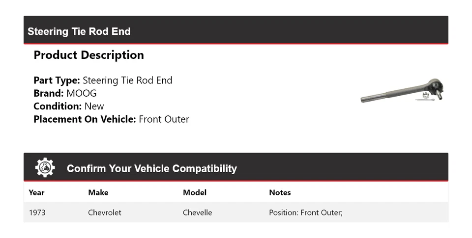 Para Chevrolet Chevelle 1973 extremo de barra de dirección delantero exterior MOOG Foto 2 de 4