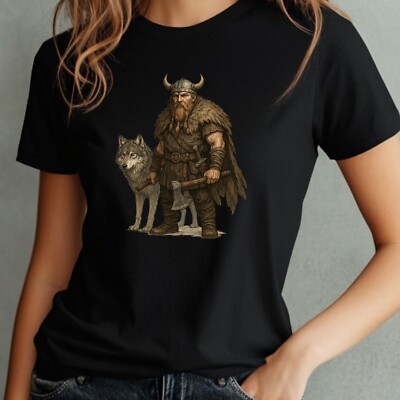 Women's Viking and Wolf Motif Cotton T-Shirt Size S to 3XL