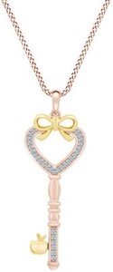 Authentic 1/10ct Natural Diamond Key Pendant Necklace 14K Rose Gold Plated Sterling Silver