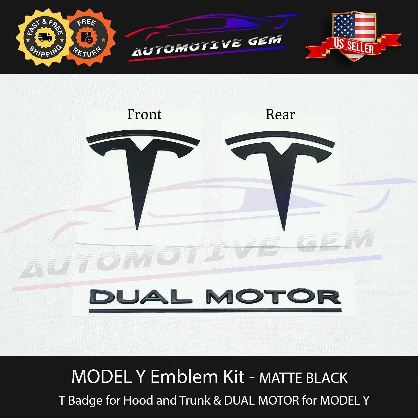 MODEL Y Front Rear Emblem T Badge DUAL MOTOR Matte Black Sticker Set for Tesla