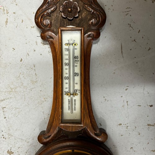 ANTIQUE THERMOMETER AND BAROMETER CARVED WOODED AND BRASS WALL HANGING - Picture 3 of 4