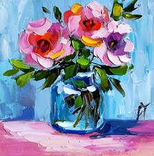 original oil painting Rose Peony flowers artwork Floral small wall art 6*6 inch