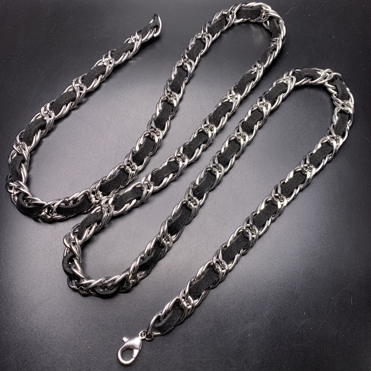 Woven Silver Tone Belt 41 Inch Faux Suede Black Link Chain | eBay