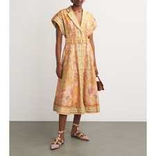 Zimmermann Acacia Floral Belted Linen Midi Shirt Dress Pink Multi US 4 NWT AU 0