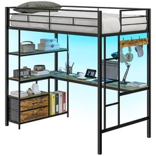 HOMCOM Twin Loft Bed with Desk Lights Metal Loft Bed Frame, Rustic Brown