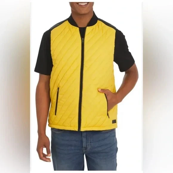 DKNY SZ M Men’s Quilted Yellow Black Puffer Vest DK34VT1808 $108