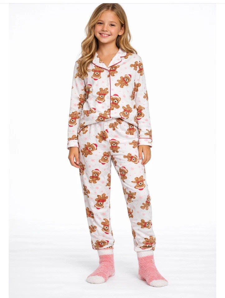 Pajama Set – Gingerbread Print – Size 10/12 – 2 Piece with Fuzzy Socks - Image 1 of 2