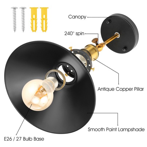 E27 Industrial Wall Light Fittings Tapered Shades Black & Antique Brass Lights - Picture 9 of 15