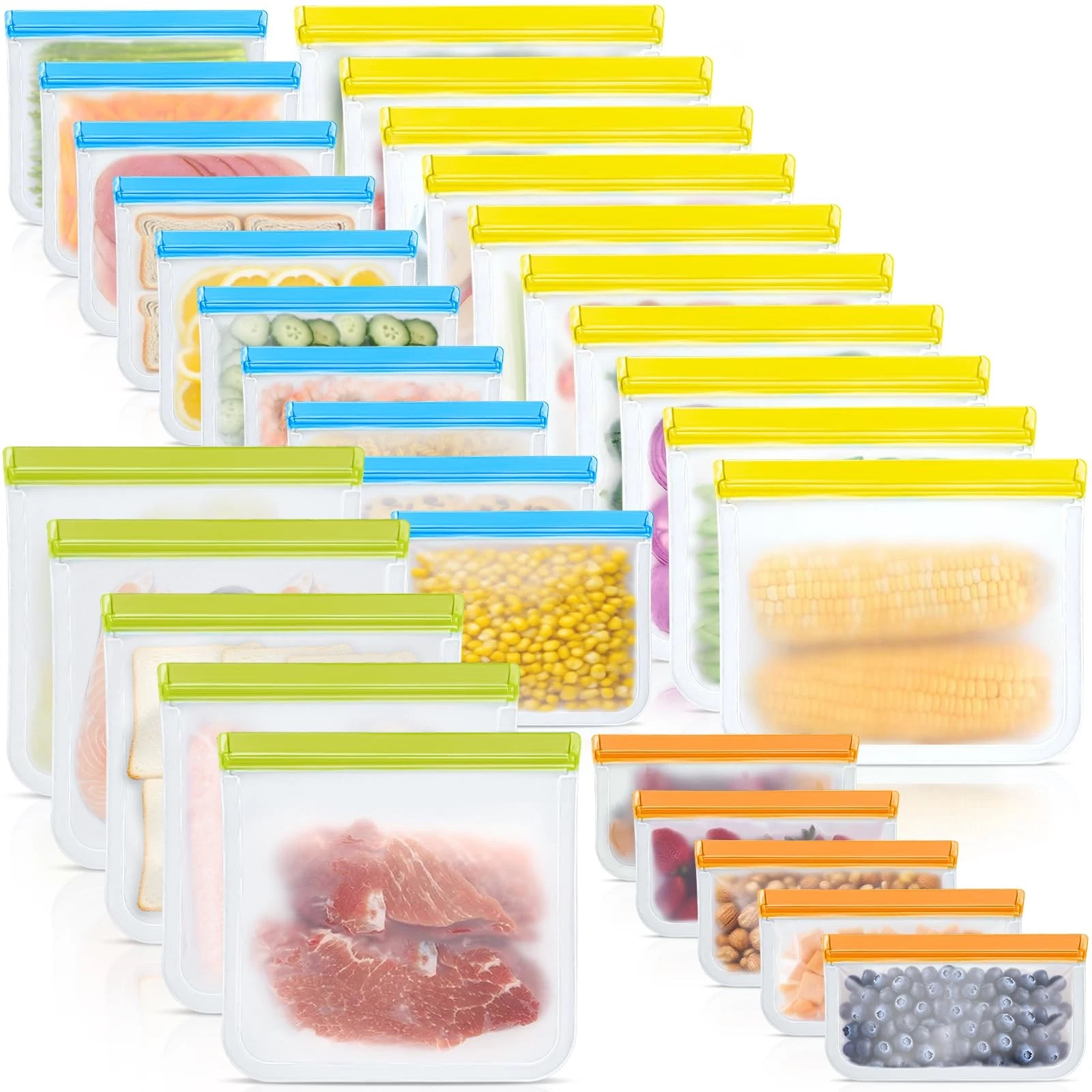 30 Pack Reusable Silicone Food Storage Bags, 4 Size Leak proof Dishwasher Saf...