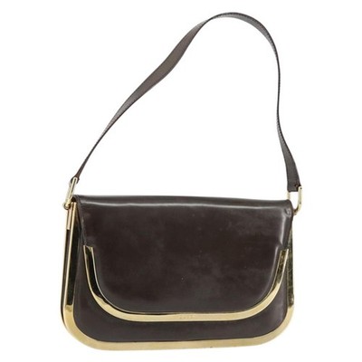GUCCI Shoulder Bag Enamel Brown Gold Auth 151014