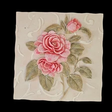 3D Floral Relief Wall Tile Pink Roses Ceramic Art 5.5" Hanging Decor