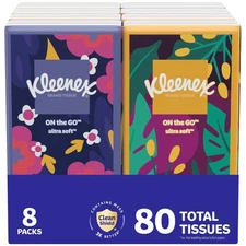 Kleenex On-The-Go Facial Tissues, 8 On-The-Go Packs, 10 Tissues per Box, 3-Ply (