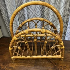Vintage MCM Bentwood Cane Rattan Magazine Rack / Caddy Made In Indonesia