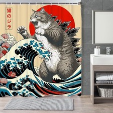 Funny Japanese Cat Shower Curtain Vintage Cat Art Japan Sunset Waterproof