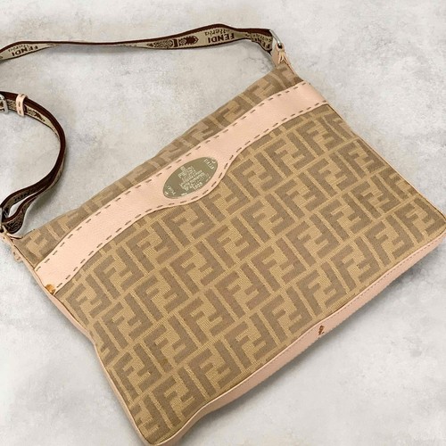 FENDI Tasche Schulter Zucca FF Selleria Handtasche beige rosa braun Canvas Leder authentisch